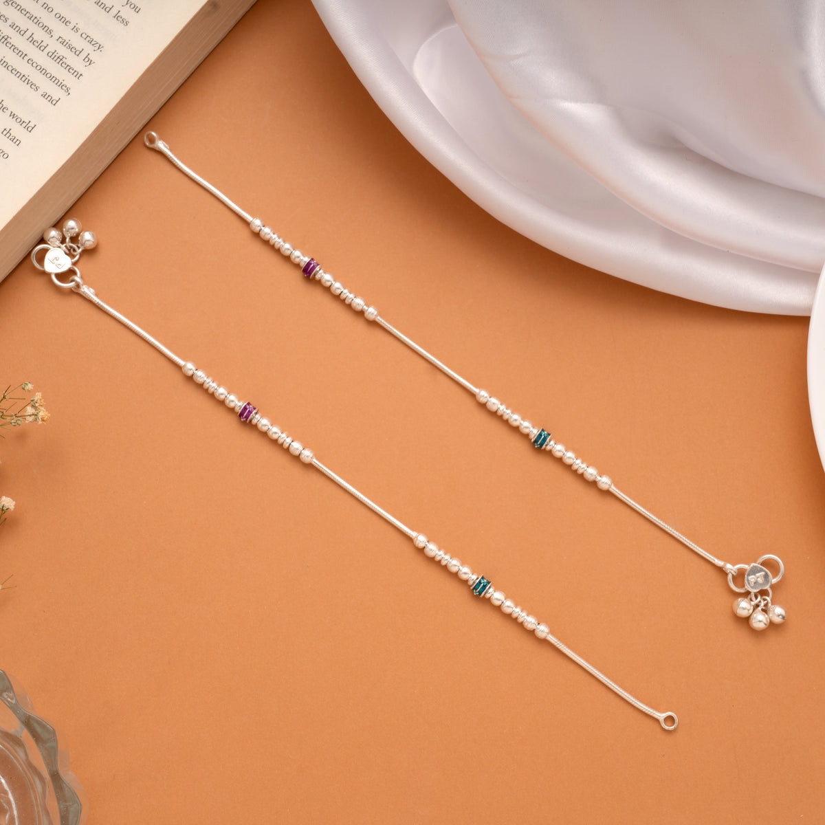 Purple and Blue Enamel Beaded Design Silver Anklets