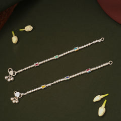 Elegant Barrel Shaped Beaded Design Silver Anklets