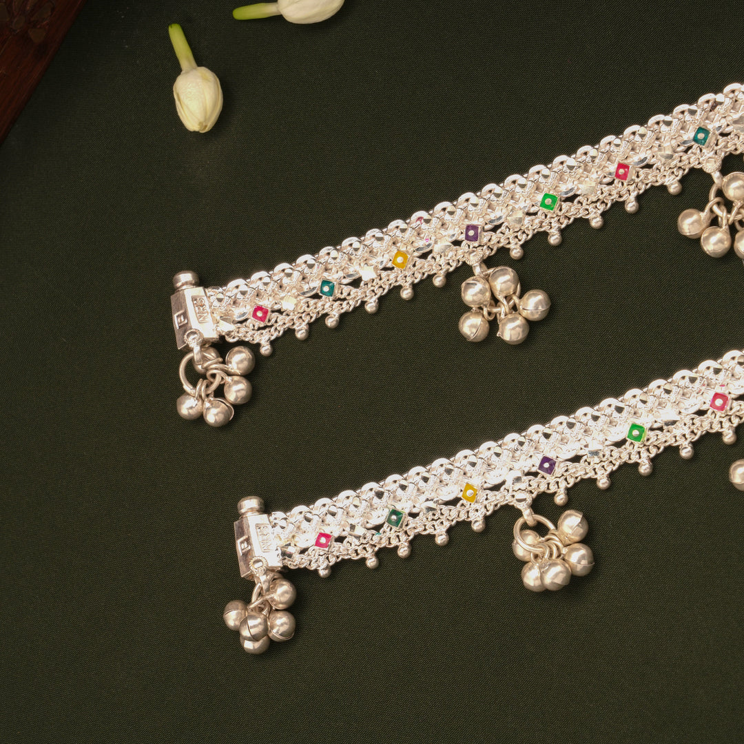 Dangling Bells Enamel Salangai Silver Anklets