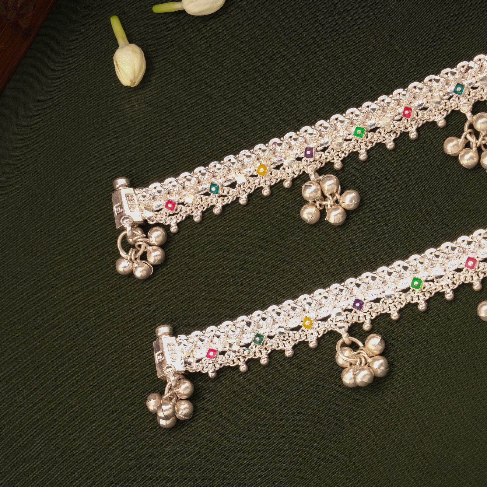 Dangling Bells Enamel Salangai Silver Anklets