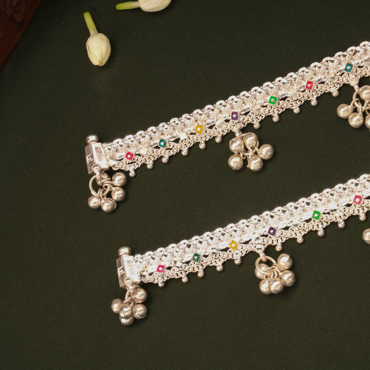 Dangling Bells Enamel Salangai Silver Anklets