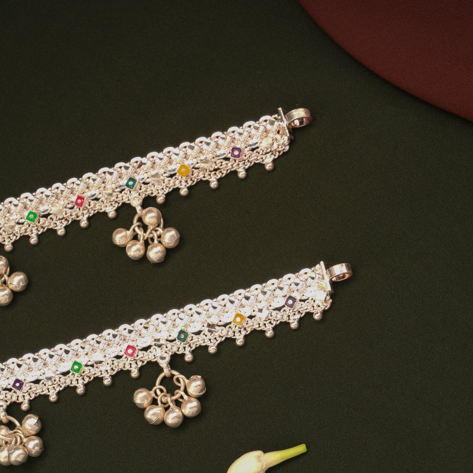 Dangling Bells Enamel Salangai Silver Anklets