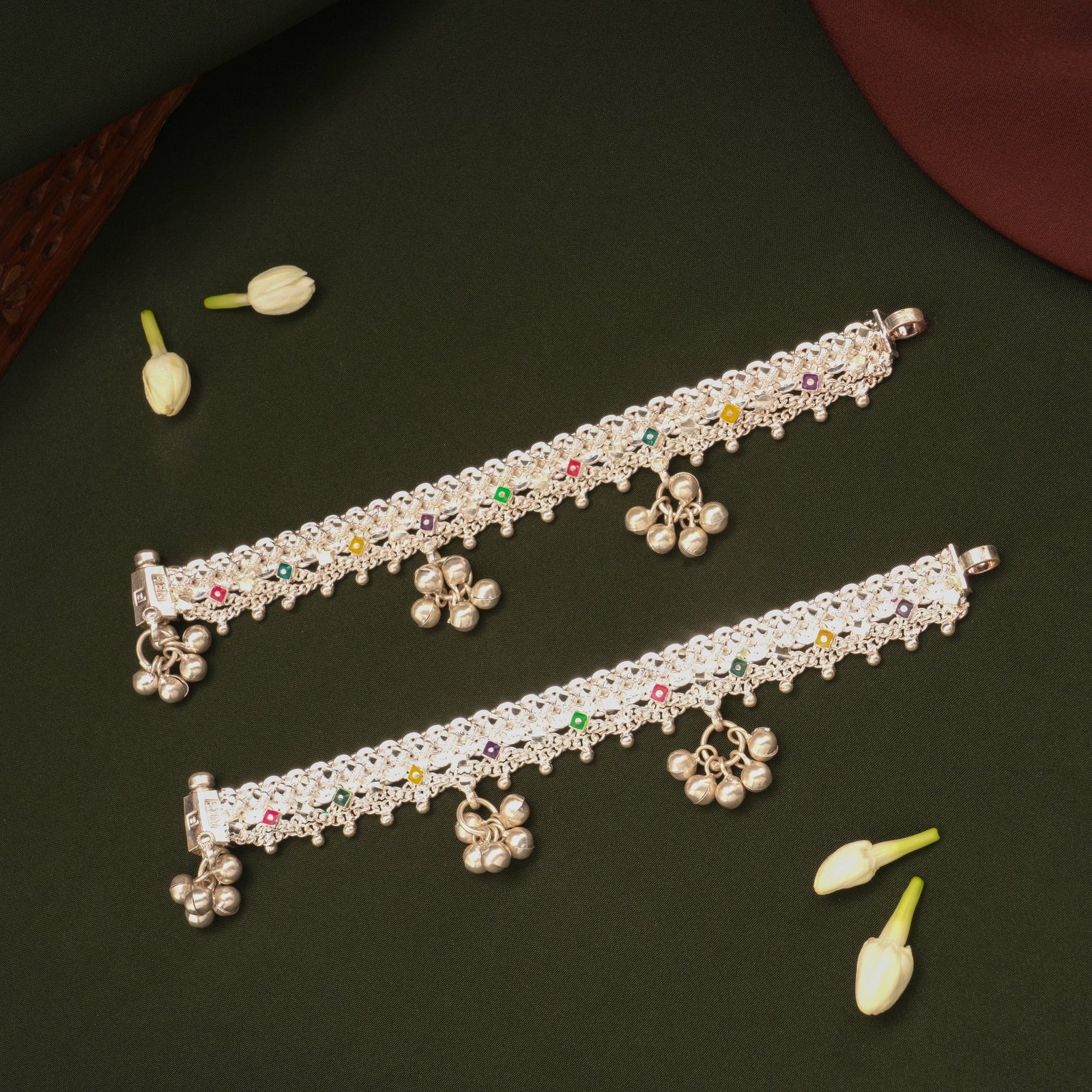 Dangling Bells Enamel Salangai Silver Anklets