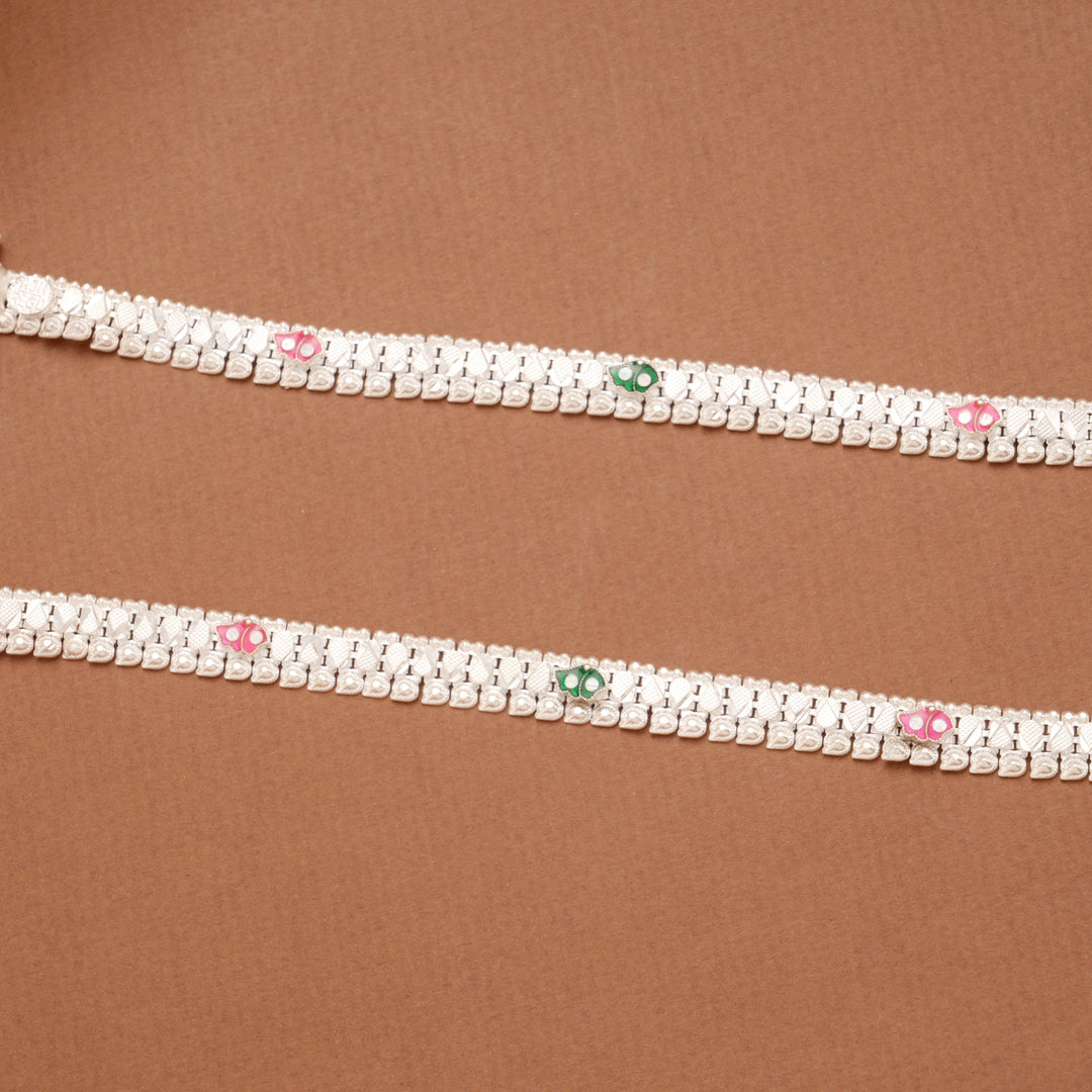 Triple Butterfly Enamel Linear Silver Anklets