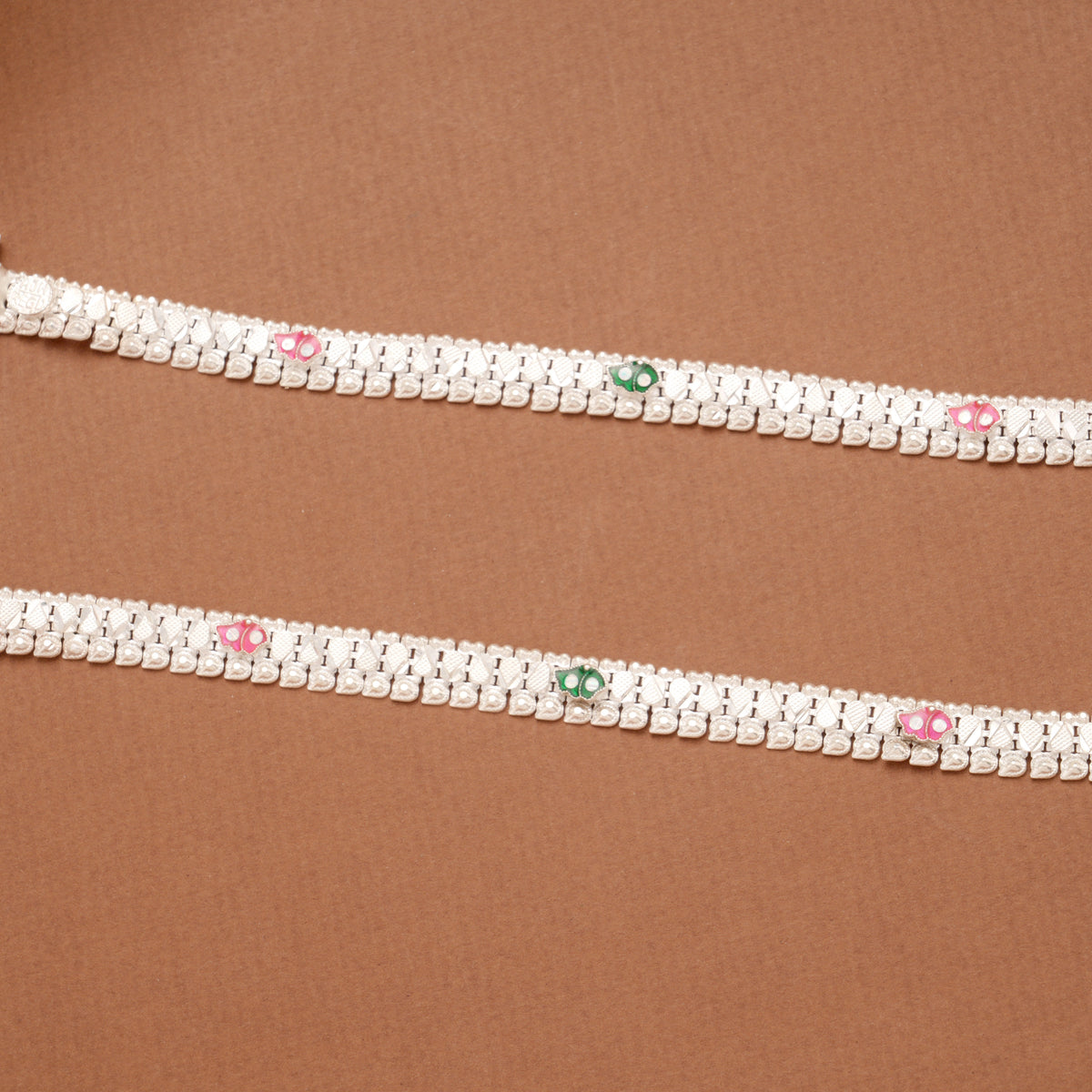 Triple Butterfly Enamel Linear Silver Anklets