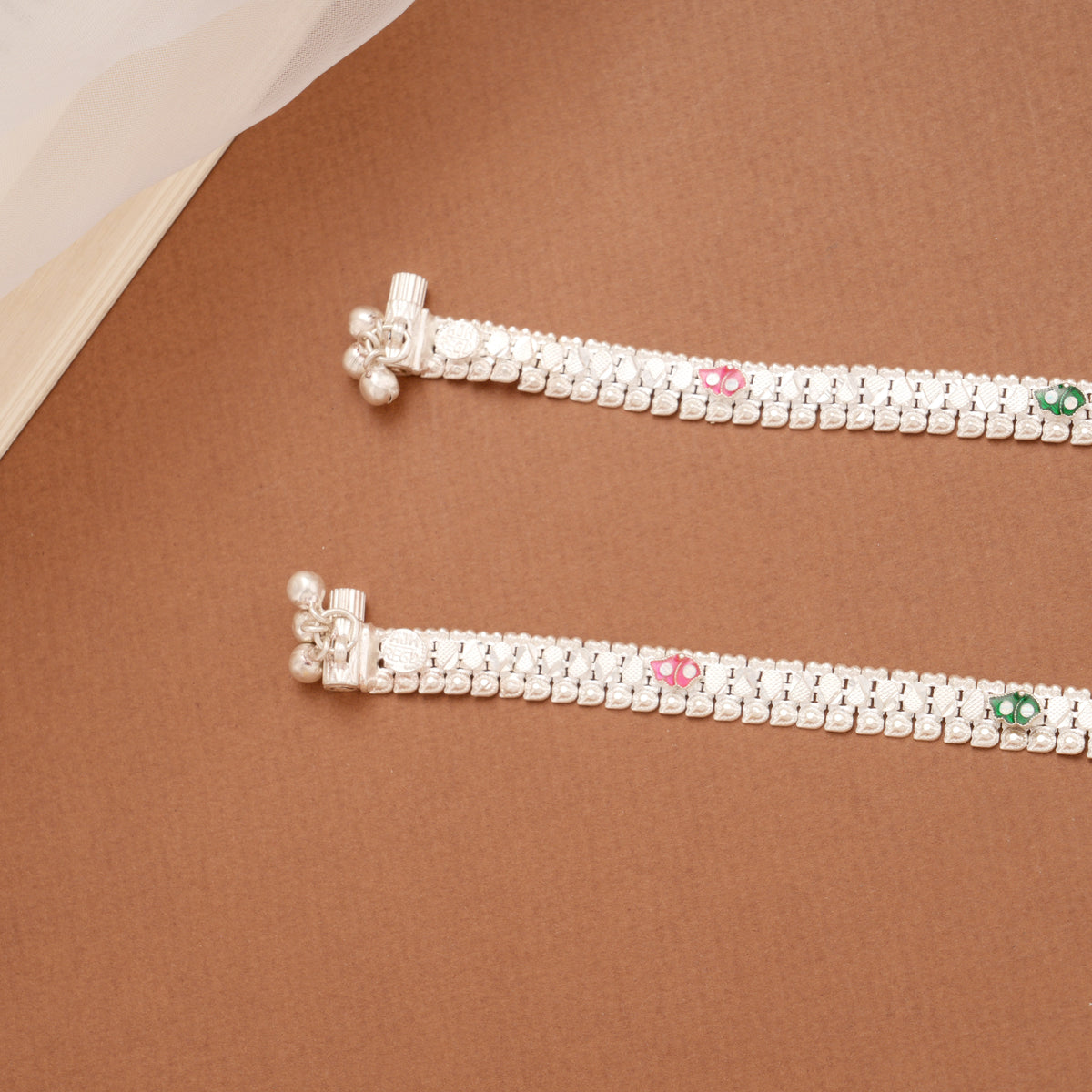 Triple Butterfly Enamel Linear Silver Anklets