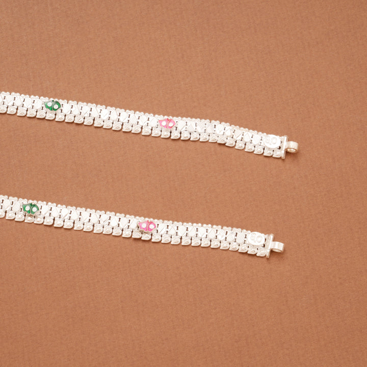 Triple Butterfly Enamel Linear Silver Anklets