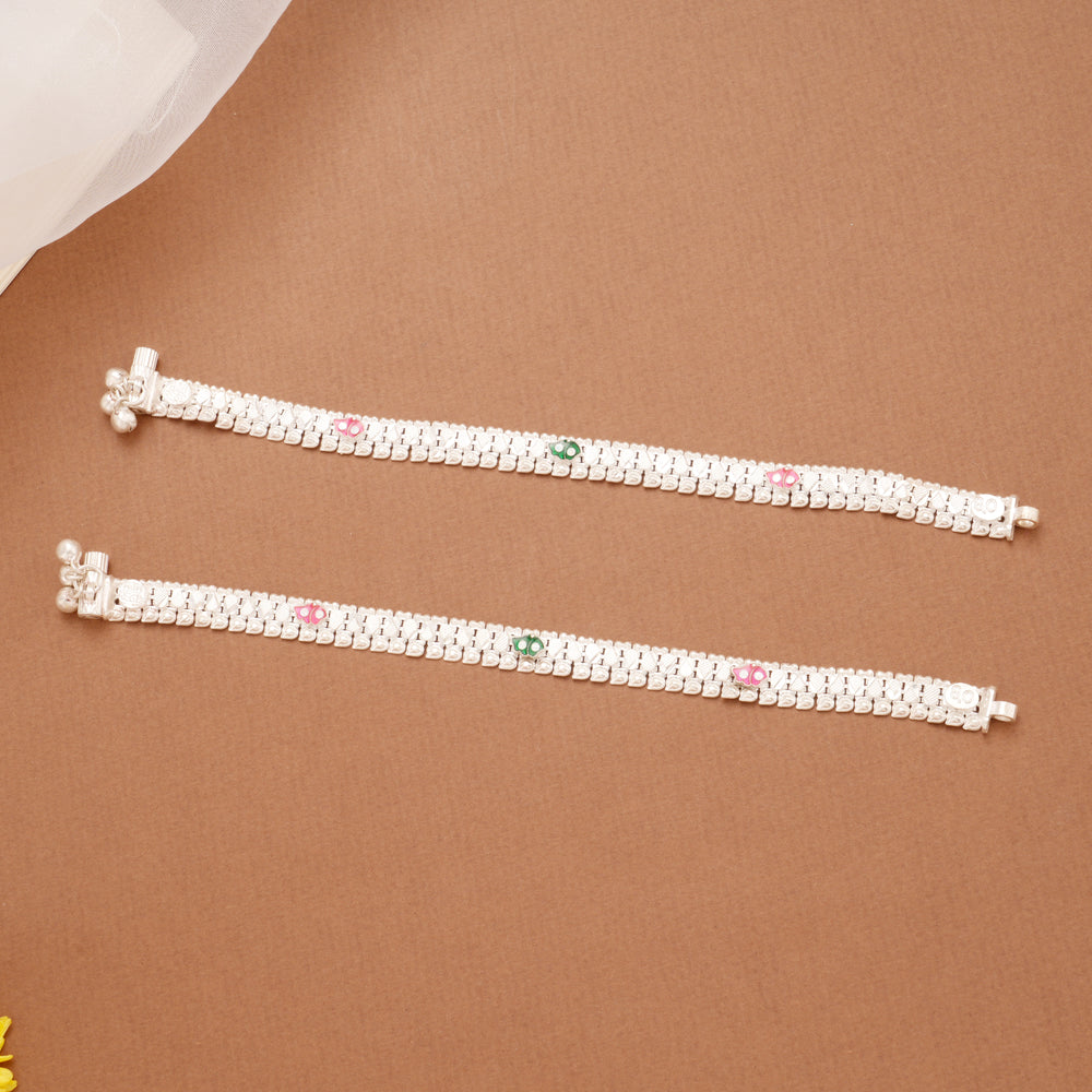 Triple Butterfly Enamel Linear Silver Anklets