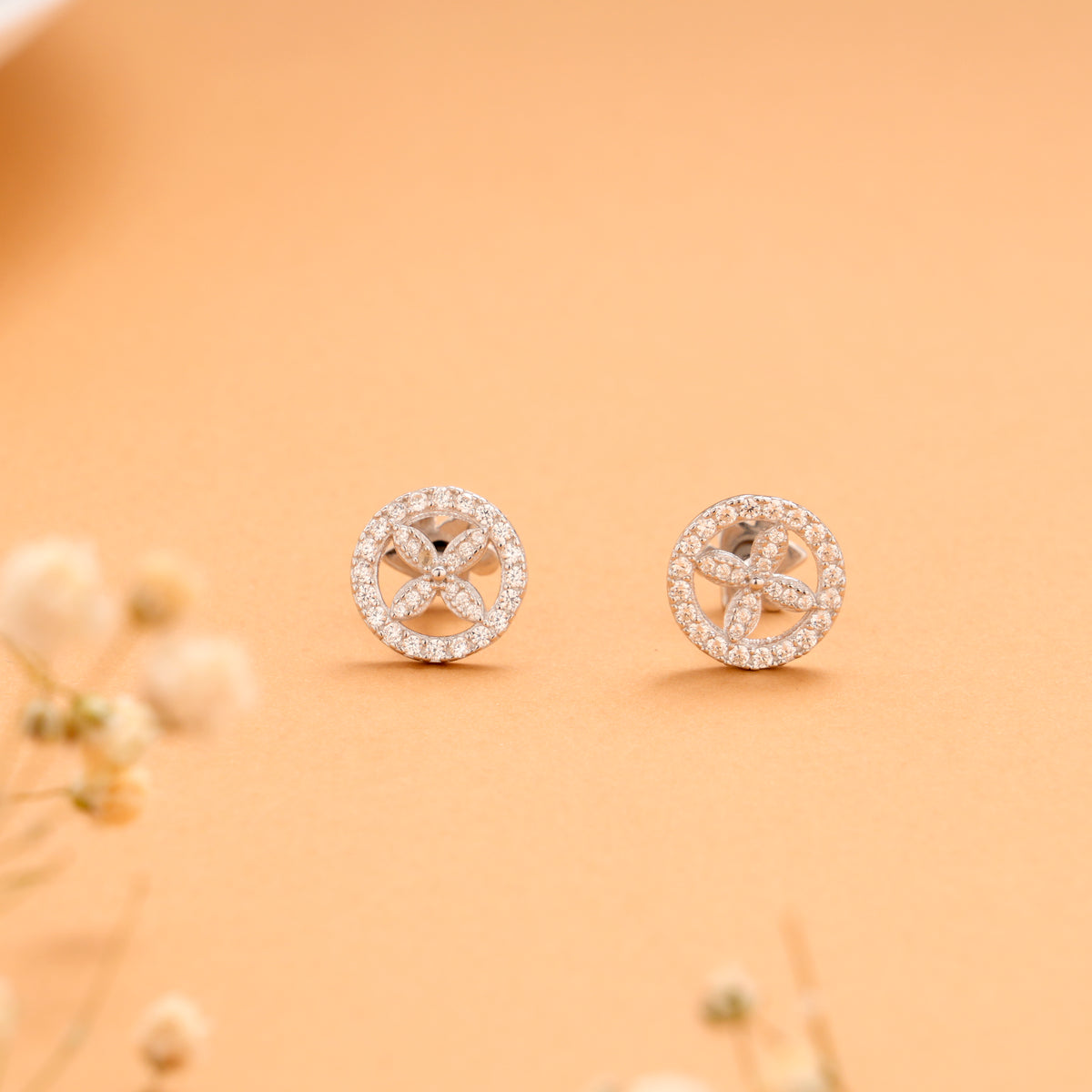 Circular Halo Flower Silver Stud