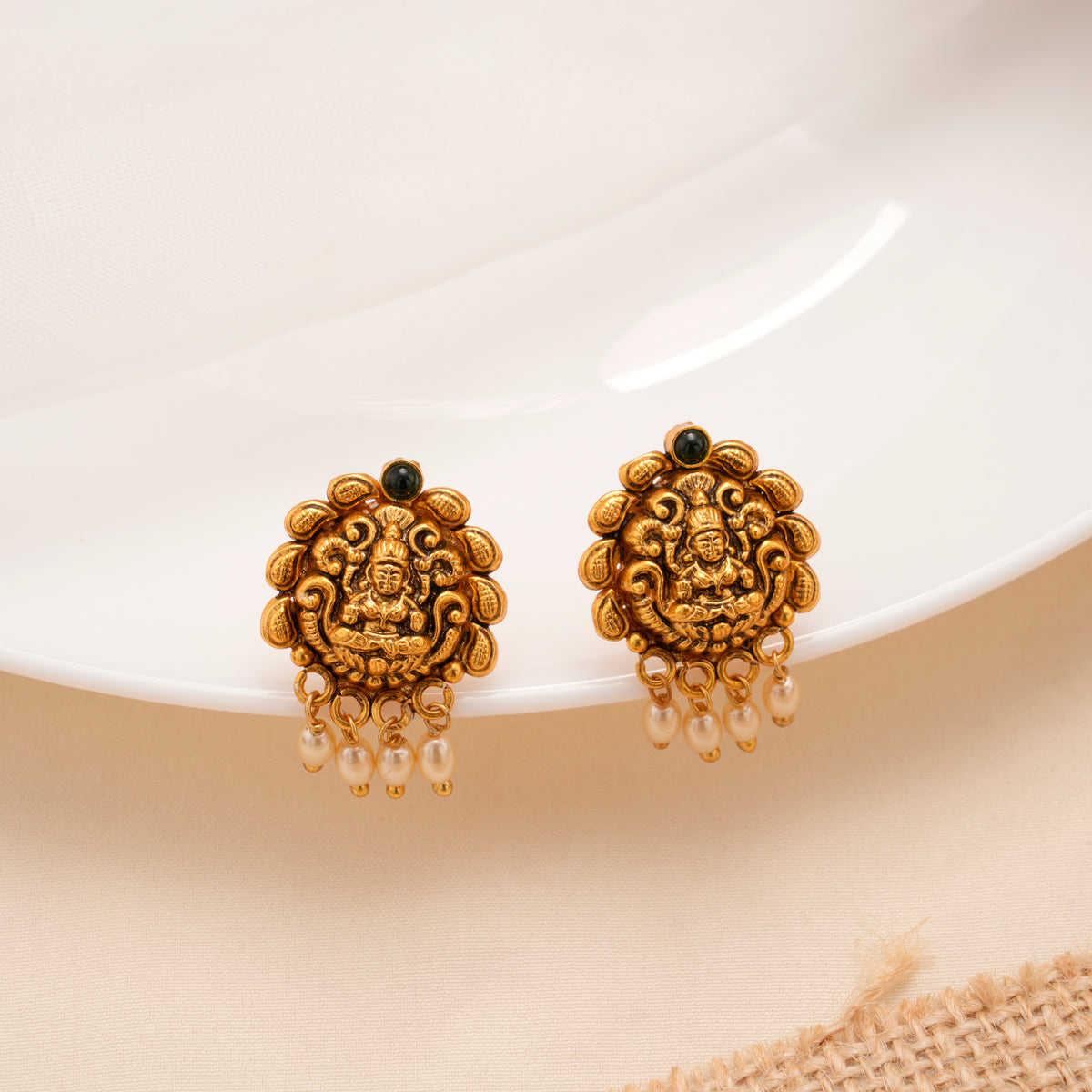 Antique Golden Lakshmi with Pearl Stud