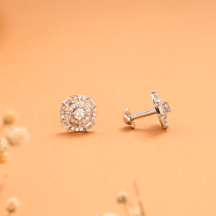Elegant Round Pattern Halo Pattern Silver Stud