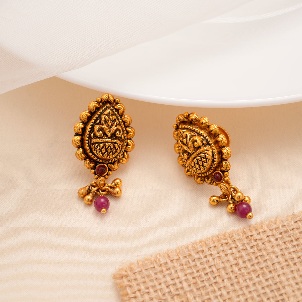 Beautiful Kemp Stone Studded Antique Golden Earrings