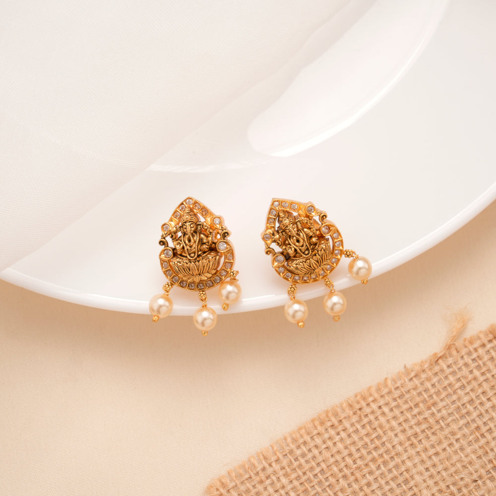 Traditional Golden Ganesha Studs with Pearl Drops