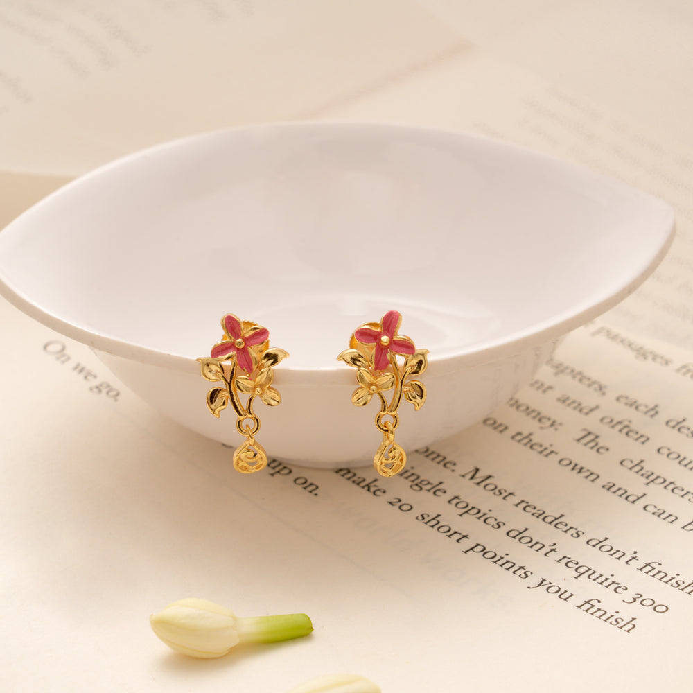 Pink Floral Enamel Design Golden Earring