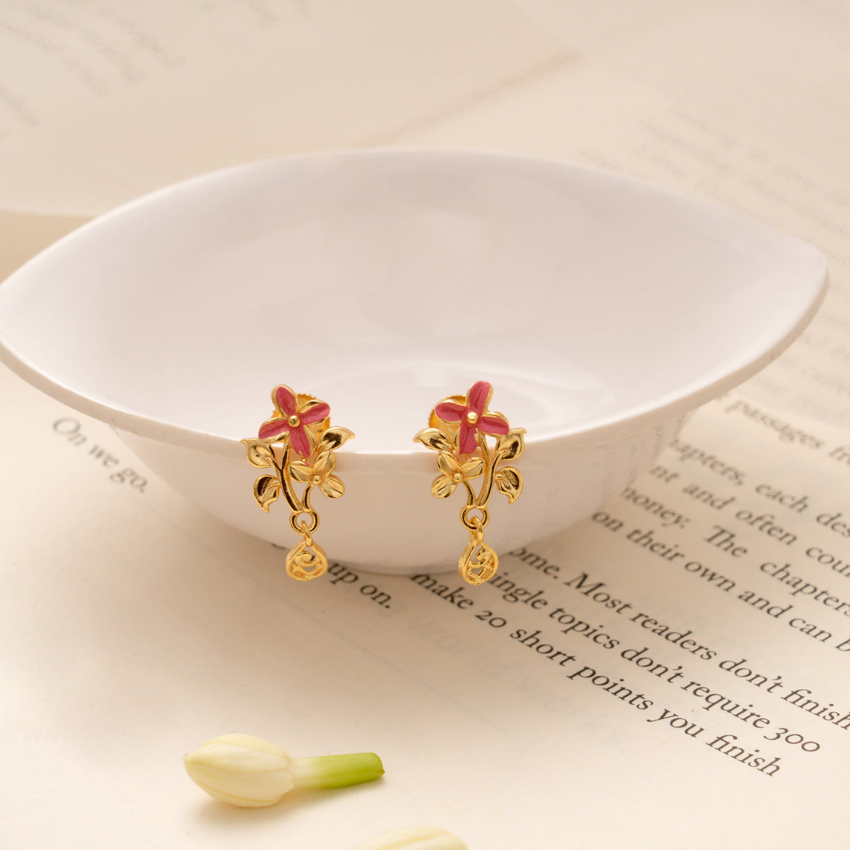 Pink Floral Enamel Design Golden Earring