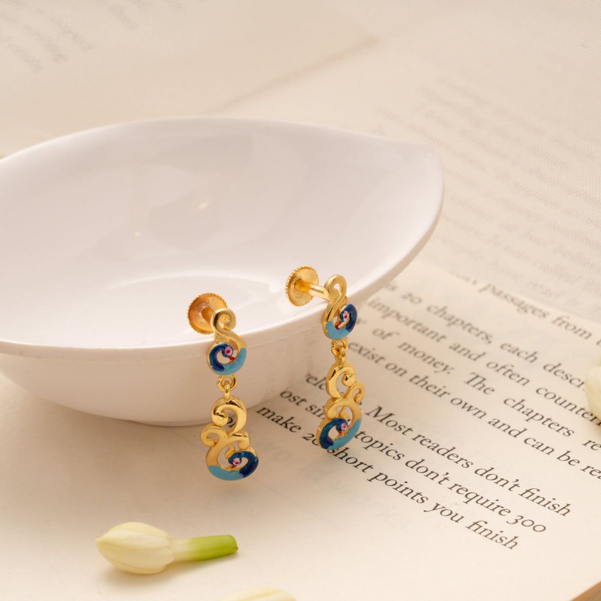 Dual Peacock Blue Enamel Golden Earring
