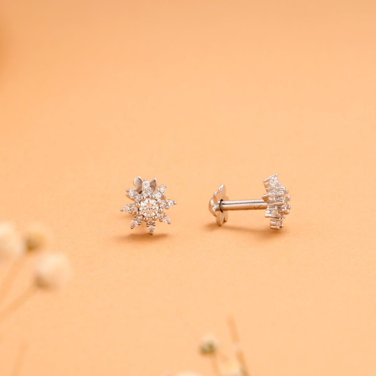 Cute Sunflower with White Stone Silver Stud