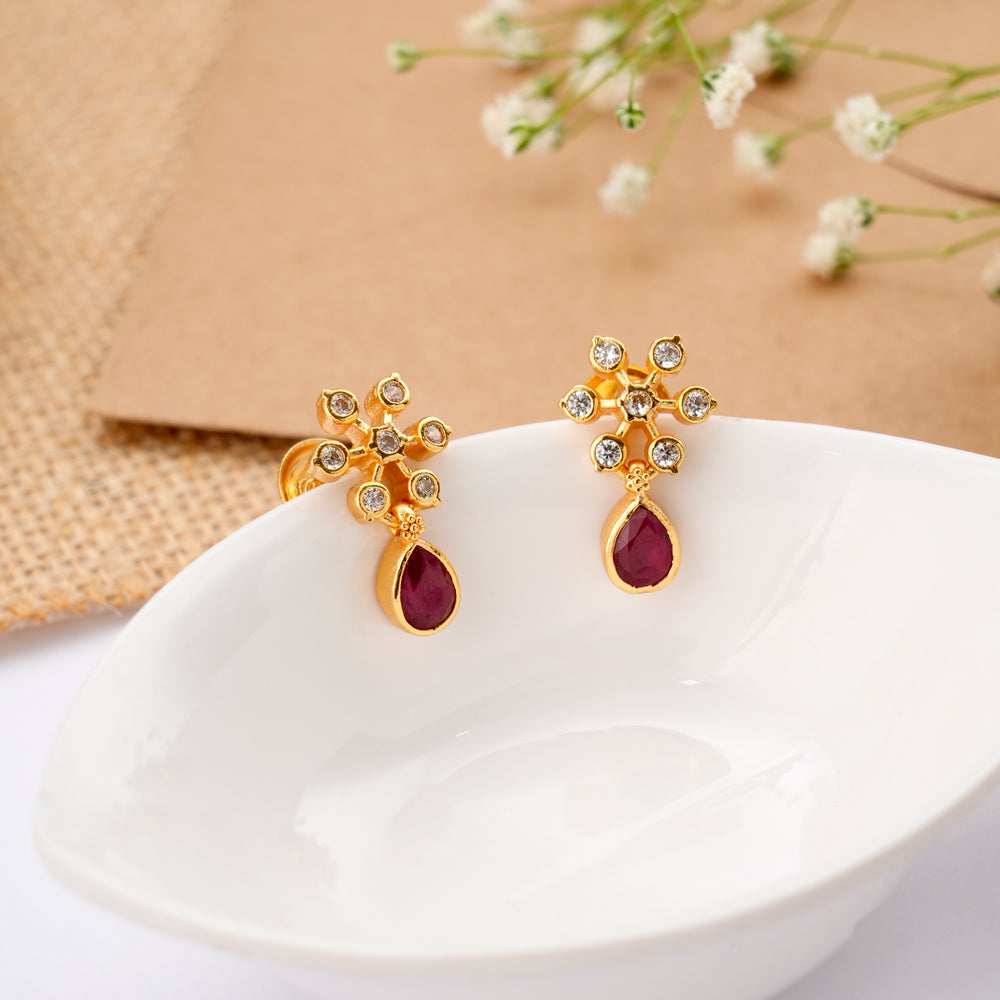 Floral Ruby Tear Drop Golden Stud