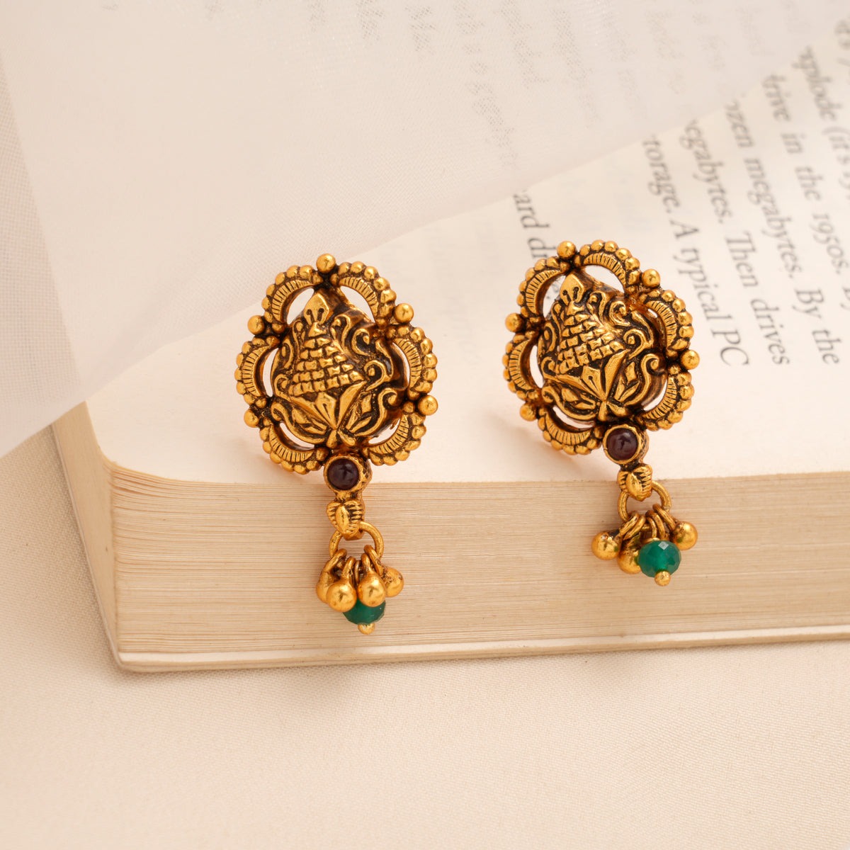 Antique Golden with Floral Temple Stud