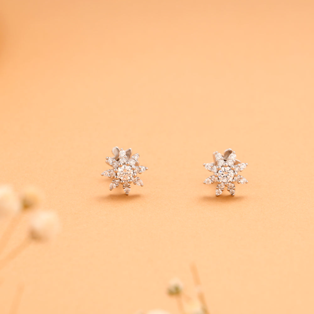 Cute Sunflower with White Stone Silver Stud