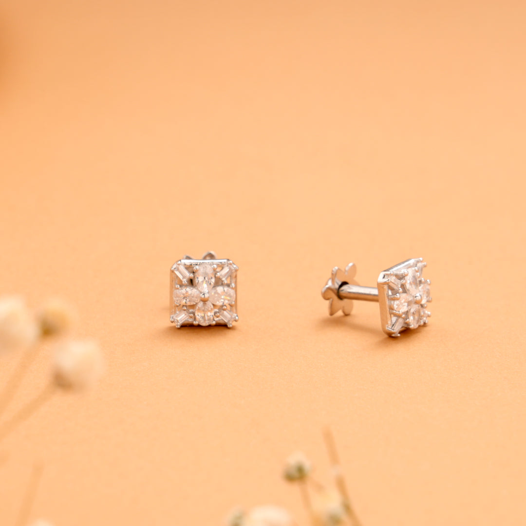 Tiny Square Shape Flower Silver Stud