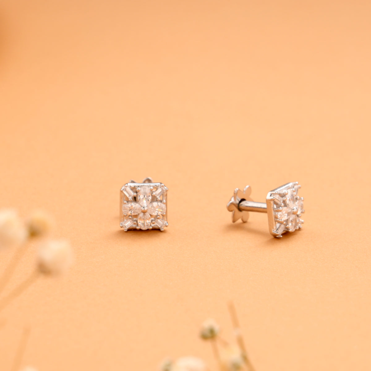 Tiny Square Shape Flower Silver Stud