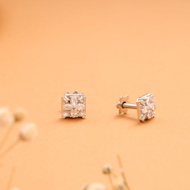 Tiny Square Shape Flower Silver Stud