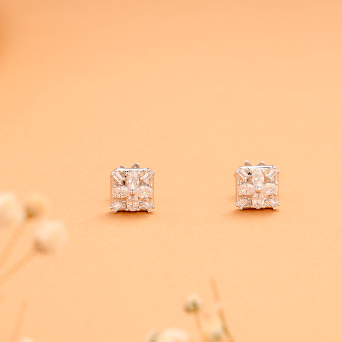 Tiny Square Shape Flower Silver Stud
