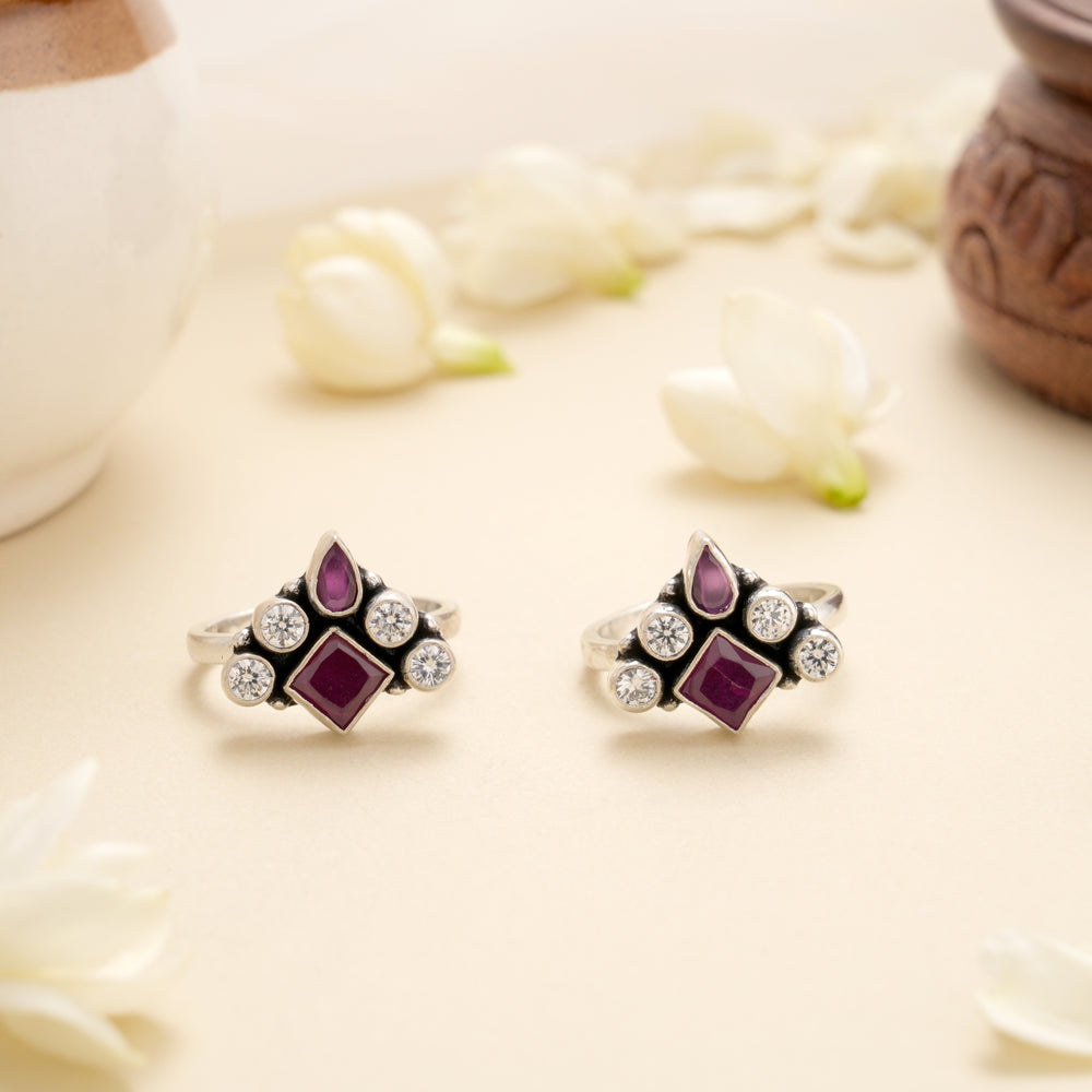 Royal Ruby Square Halo Silver Toe Ring