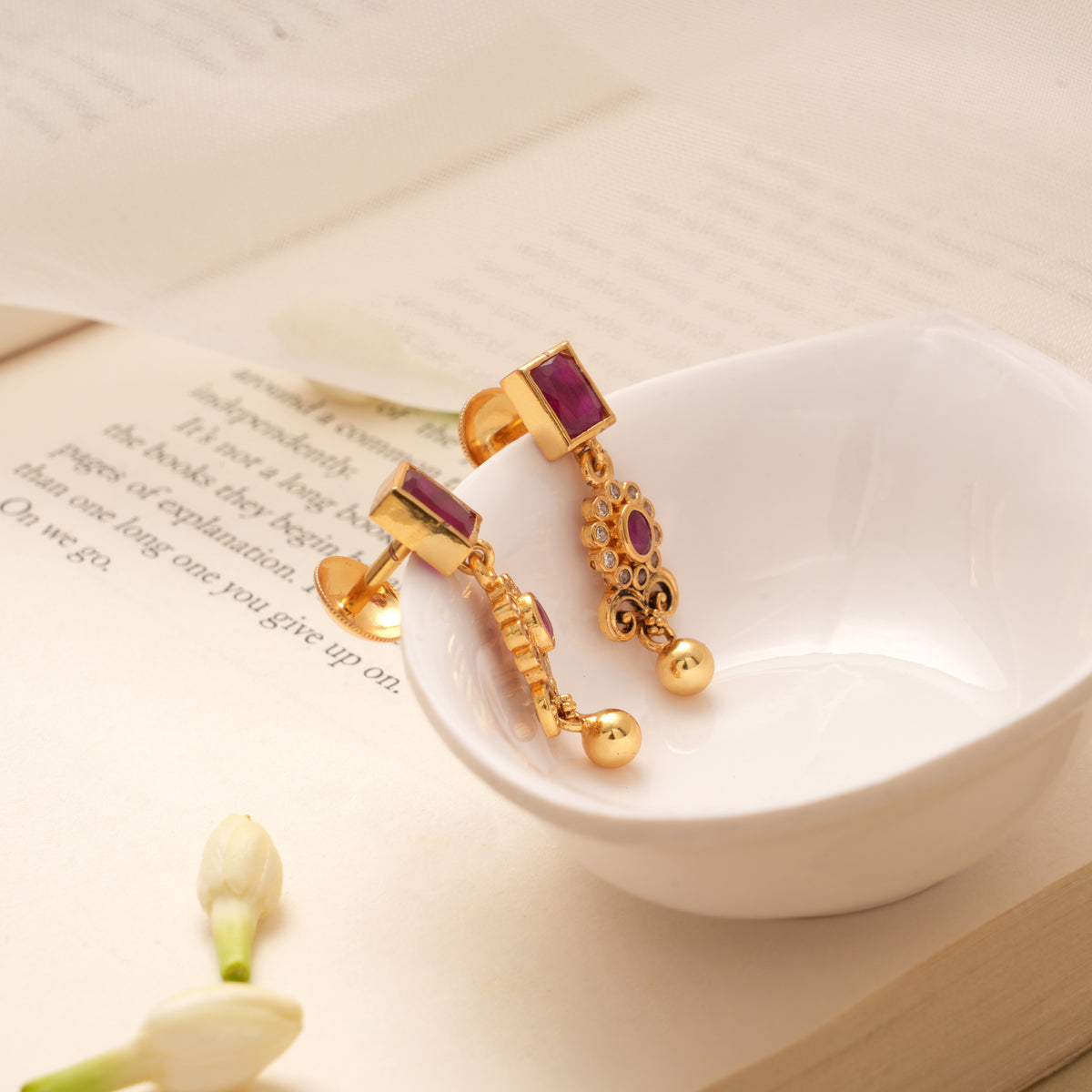 Rectangular Ruby Little Flower Golden Earring