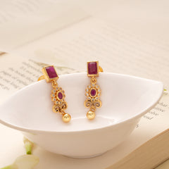 Rectangular Ruby Little Flower Golden Earring