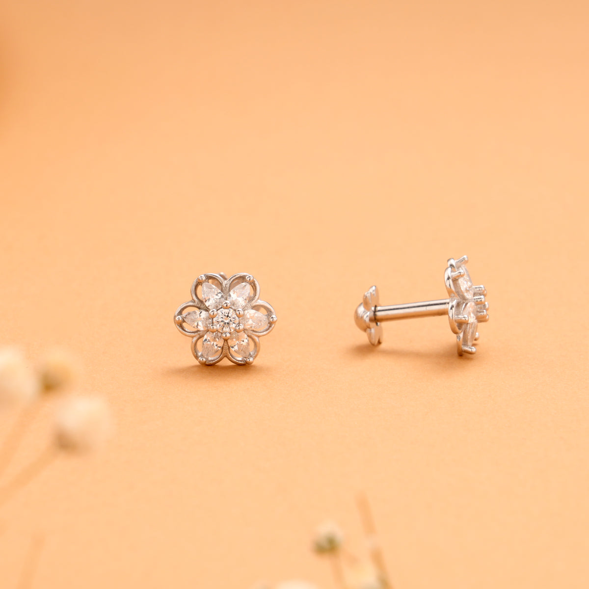 Authentic Flower Stone Design Silver Stud