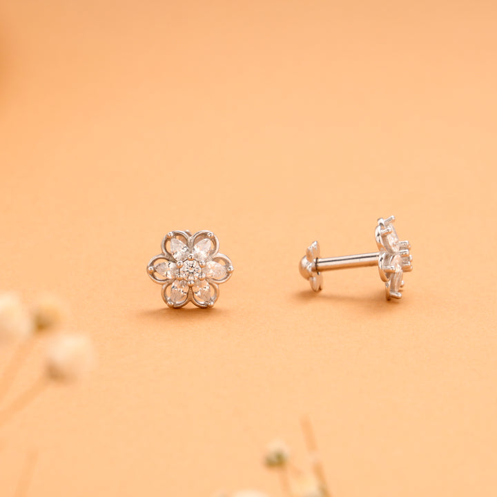 Authentic Flower Stone Design Silver Stud