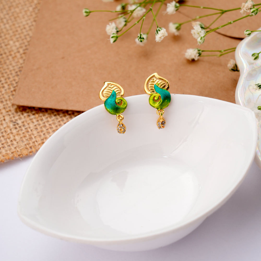 Leaf Design Peacock Enamel Golden Earring