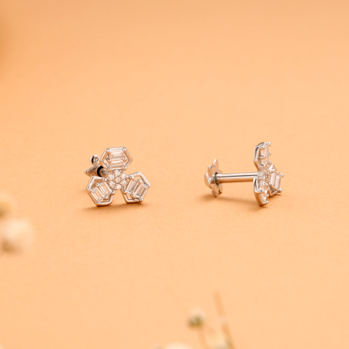 Natural Snowflake Floral Stone Silver Stud