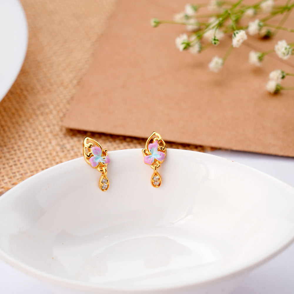 Floral Pink Enamel Golden Drop Earring