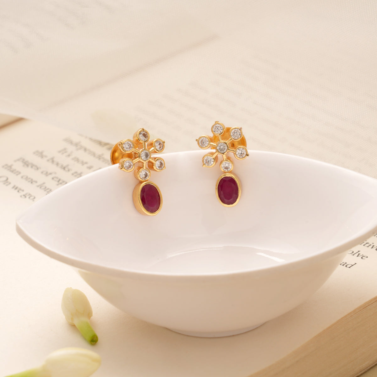 Oval Ruby Drop Snowflake Design Golden Earring