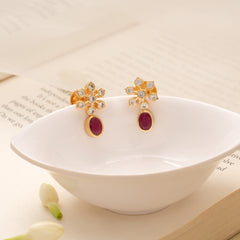 Oval Ruby Drop Snowflake Design Golden Earring