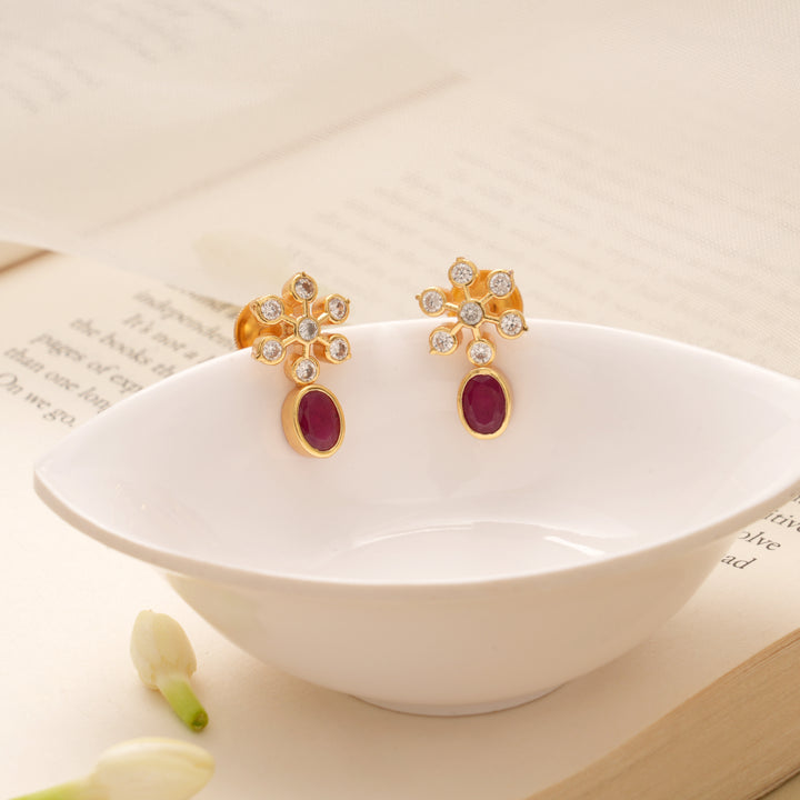 Oval Ruby Drop Snowflake Design Golden Earring