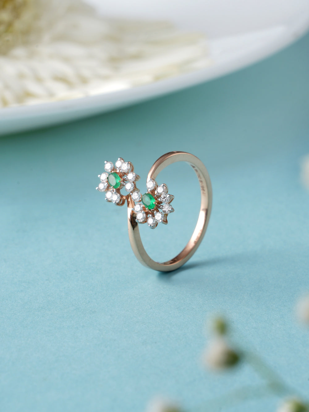 Emerald and Diamond Bypass Floral Ring