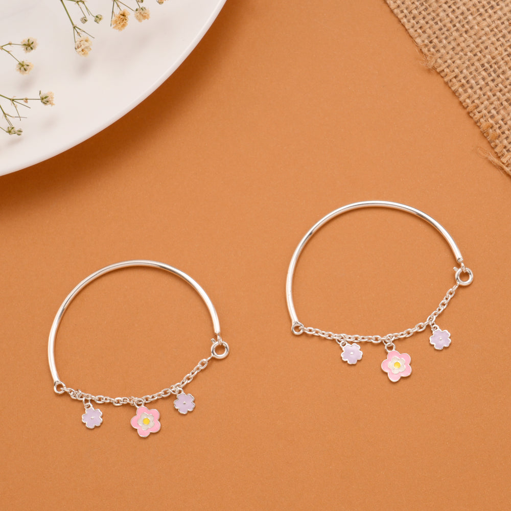 Pink Flower Enamel Silver Baby Bangle