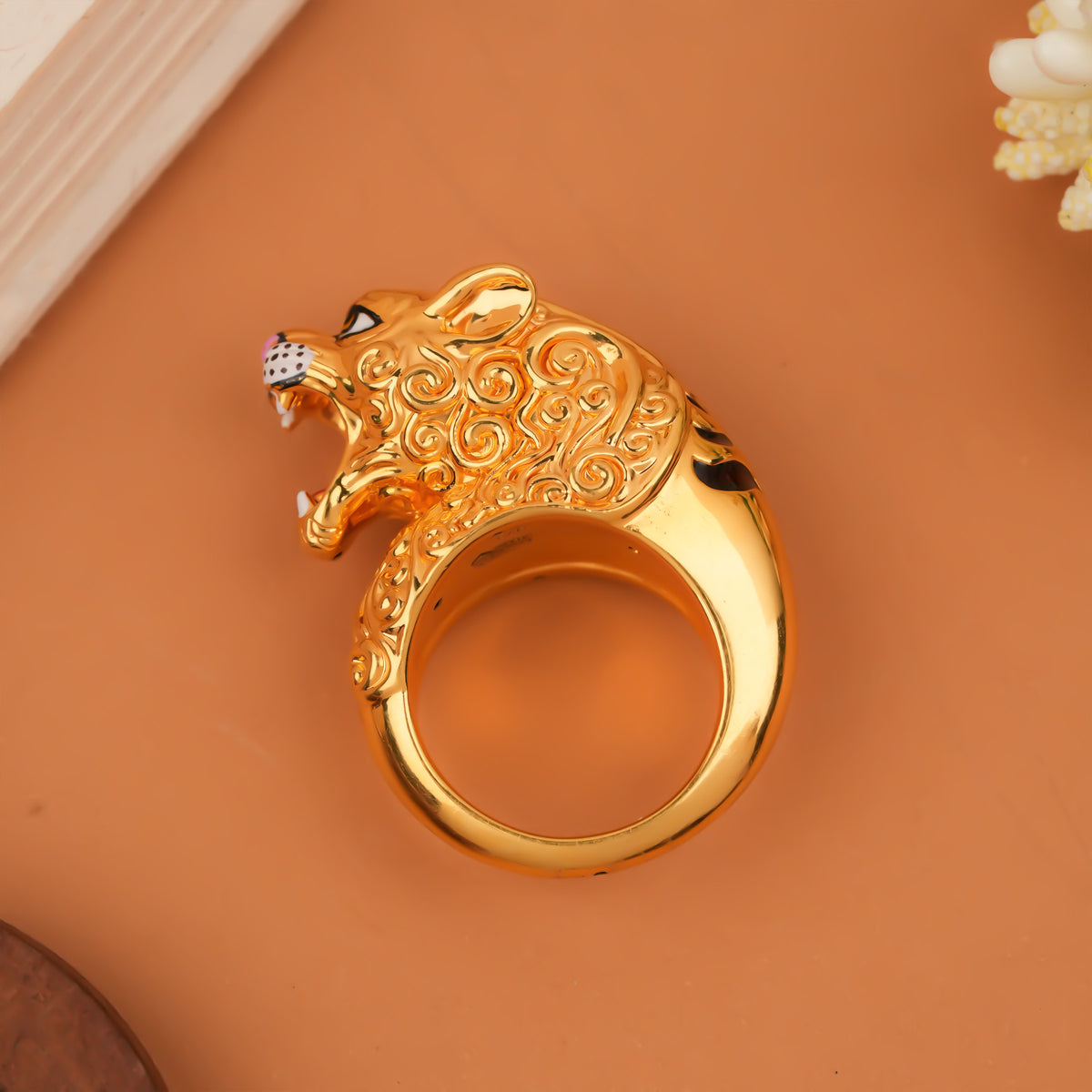 Majestic Royal Tiger Face Statement Gold Ring