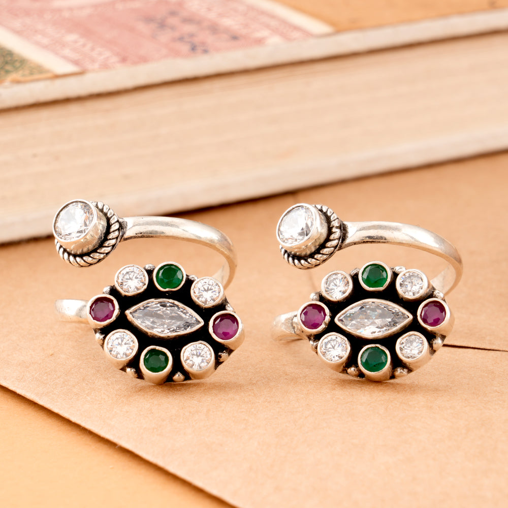 Radiant Ruby Emerald Silver Toe Ring