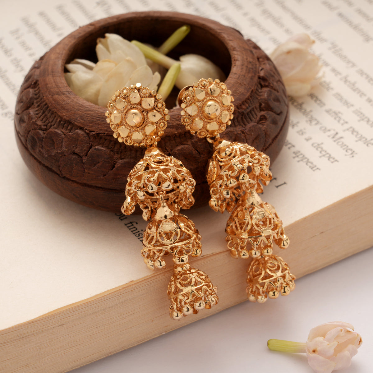 Bold Floral Design Three Layer Golden Jhumkas