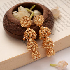 Bold Floral Design Three Layer Golden Jhumkas