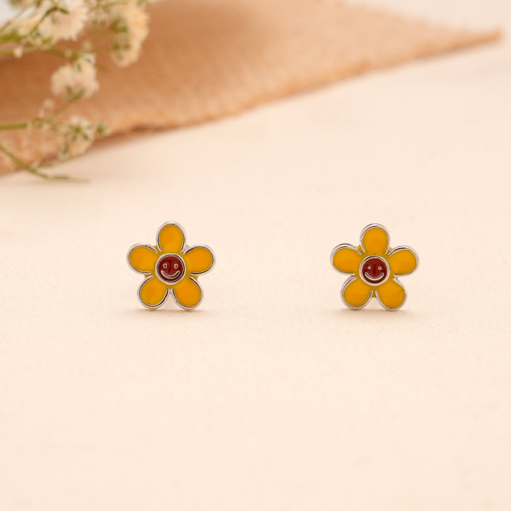 Yellow Smiley Flower Enamel Silver Stud