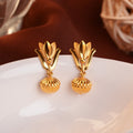 Gold Lotus Petal Earrings with Round Bead Drop