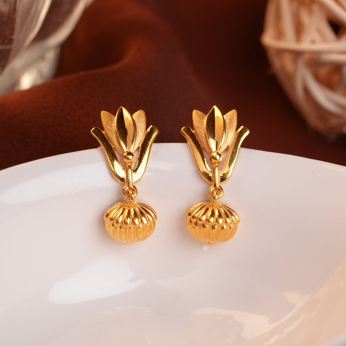 Gold Lotus Petal Earrings with Round Bead Drop