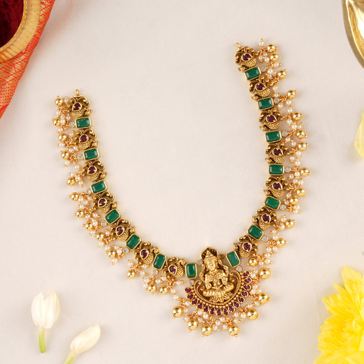 Halo Emerald Lakshmi With Beads Necklace