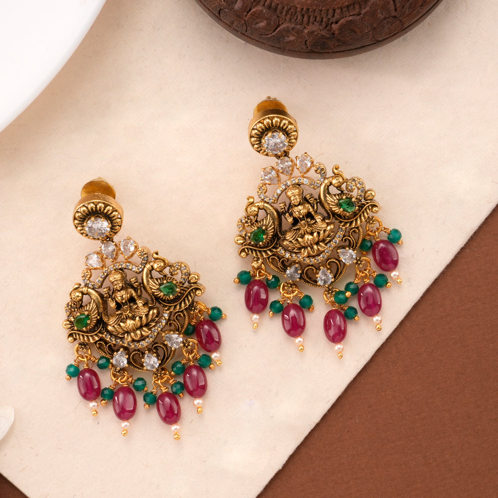 Antique Green & Pink Beads Golden Earring
